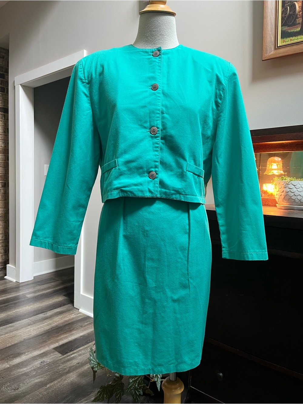 Vintage Penneys 2 Piece Skirt Suit Set Emerald Green Cropped Jacket Midi Skirt